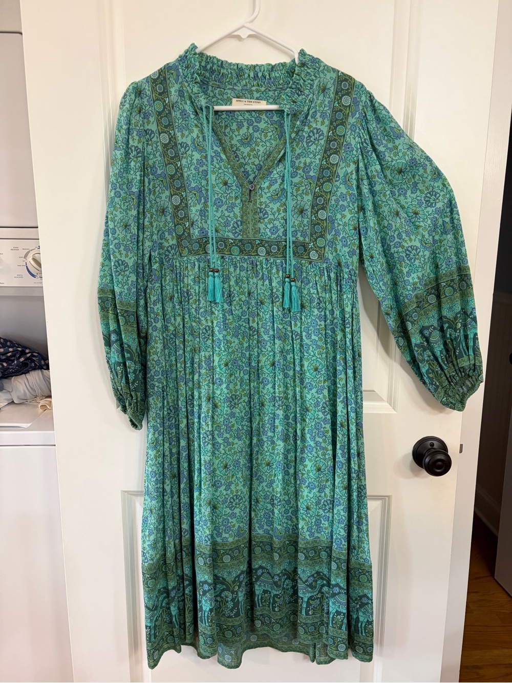 Spell and the Gypsy Lined Green/Blue Floral Boho Midi Dress with Tassel Tie